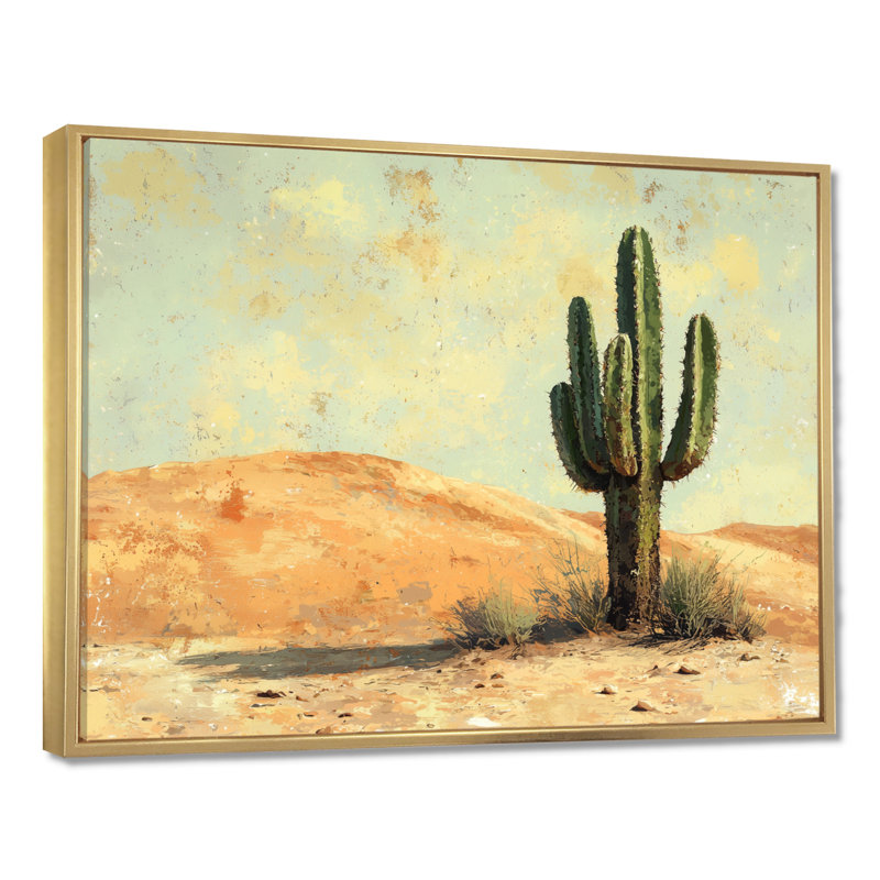 Minimalisme, cactus par les dunes I - art mural grand cactus, Cadre flottant, H 16 po x l 32 po, Doré