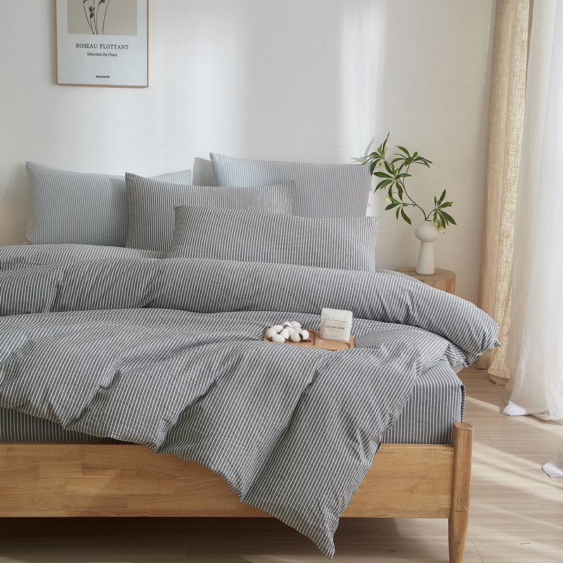 LIFETOWN Striped Duvet Cover Set,3 Pcs Breathable Durable 100% Washed Cotton Comforter Cover for All Seasons, Chic Linen Like Textured Bedding Set.