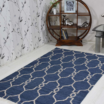Vivanco HAND WOVEN FLAT WEAVE KILIM WOOL ECO-FRIENDLY AREA RUGS - Rectangle | Geometric | Blue & White Color | Contemporary Design | Area rugs for living room, Bedroom