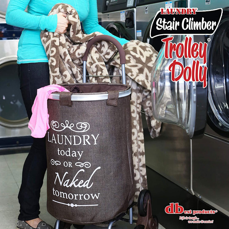 Stair Climber Laundry Trolley Dolly, Brown Laundry Bag Hamper Basket Cart with Wheels Sorter