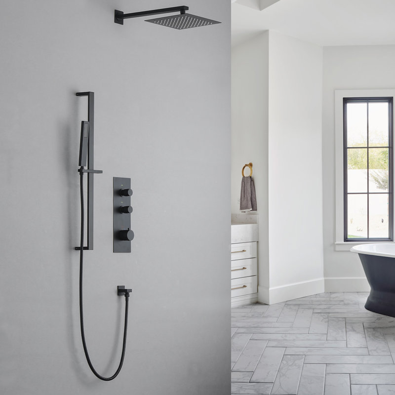 Thermostatic Shower System with Rough-In Valve, Brushed Gold 10-Inch Rainfall Shower Head & Handheld Combo, 3-Handle Complete Shower Faucet Set