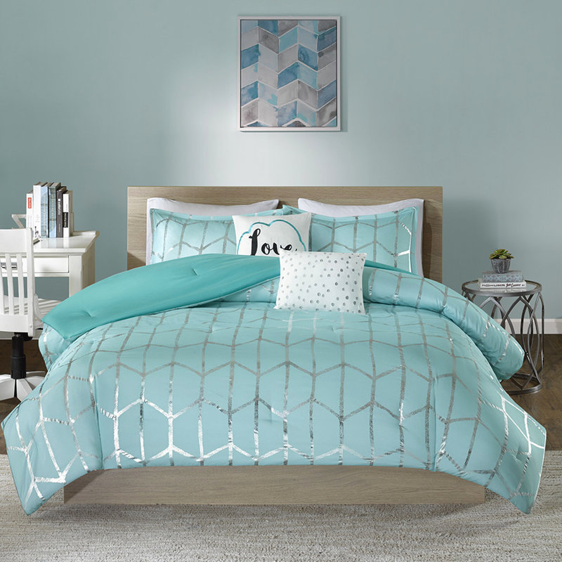 Édredon double avec bordures métalliques argentées et accents, Bleu, Édredon double + 4 pièces supplémentaires