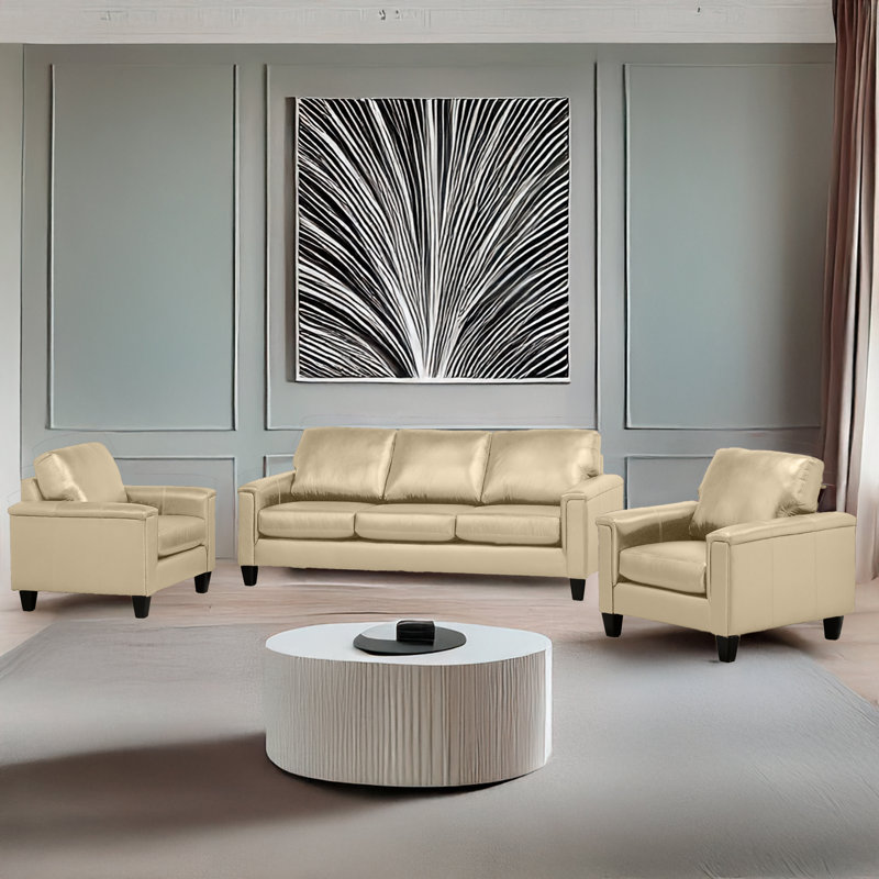 Ensemble de salon en cuir véritable Deboer, Cuir assorti brun clair, 3 Pieces: Sofa, 2 Chair