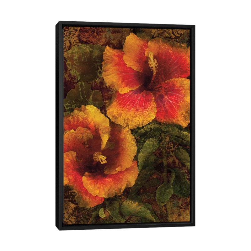 «Hibiscus I» par John Seba - impression d'art graphique, H 48 po x l 32 po x P 1,5 po, Toile avec cadre noir, Pas de tapis