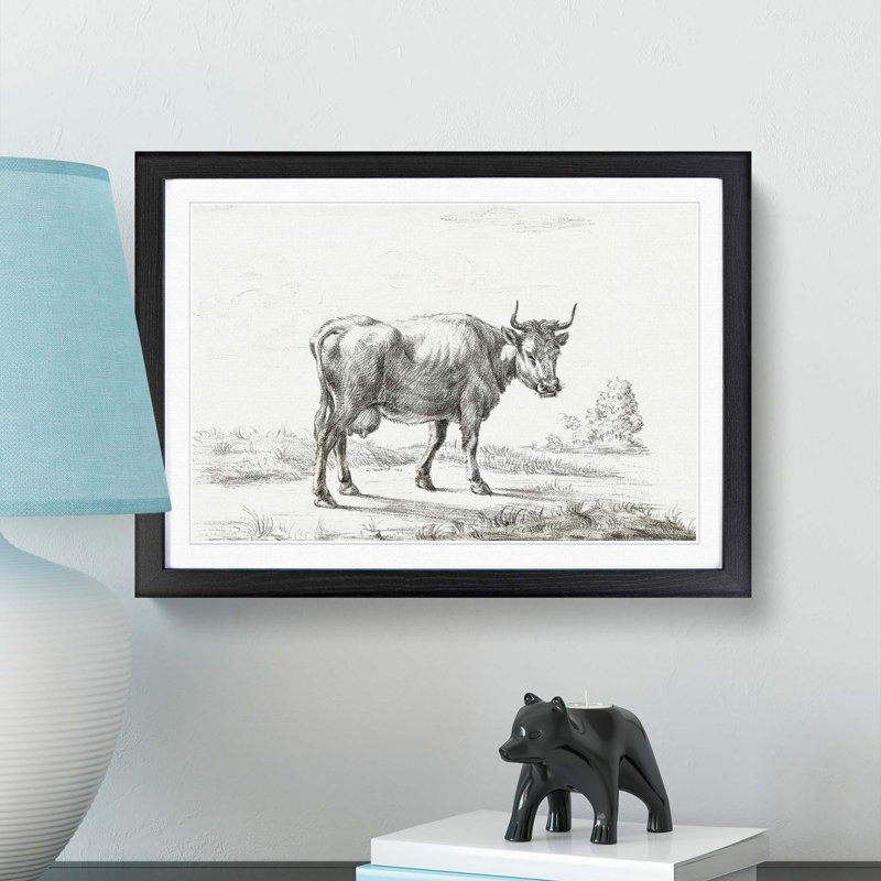 A Cow in the Meadow by Jean Bernard - Framed Print, 33cm H x 45cm W x 2cm D, Black Framed