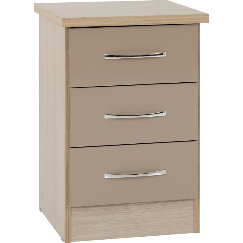 Cascio 3 Drawer Bedside Table, Oyster Gloss/Light Oak Effect Veneer