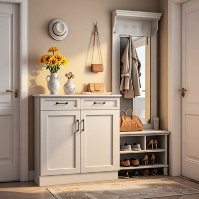 Armoire de cuisine autoportante blanche classique avec 2 portes, 1 tablette et - tiroirs, charnières à fermeture en douceur, caoutchouc, installation facile, bois massif l 36 po x H 34,5 po, prête à assembler, idéale pour