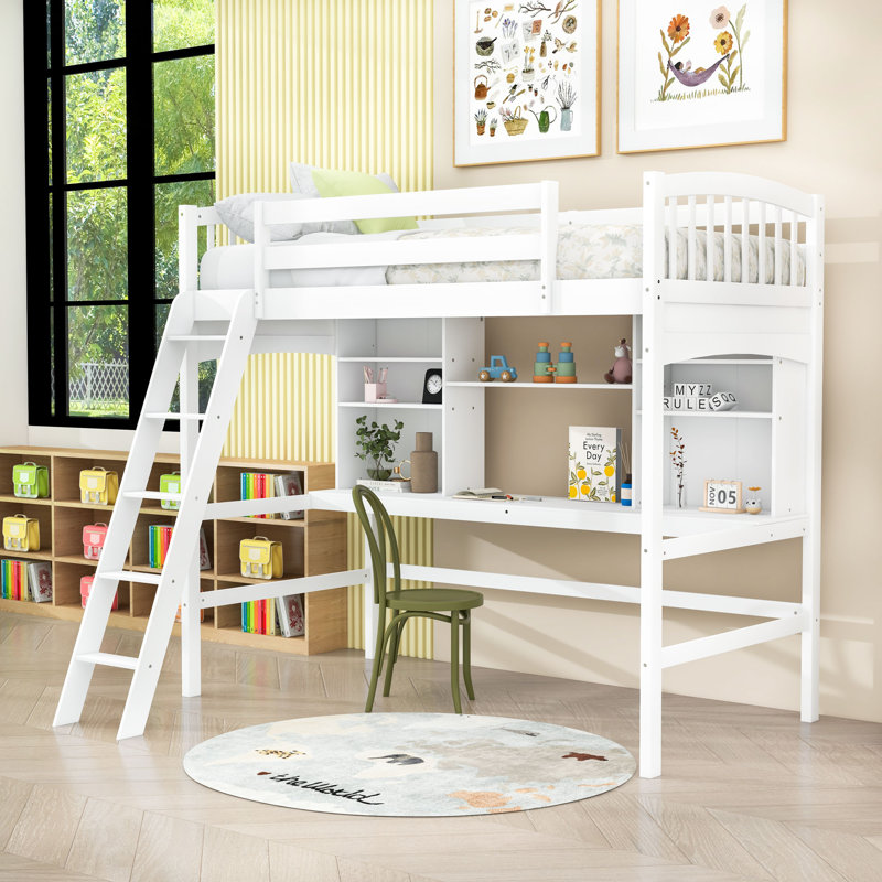 Lit mezzanine simple en bois avec tablettes, bureau, échelle et garde-corps, Blanc