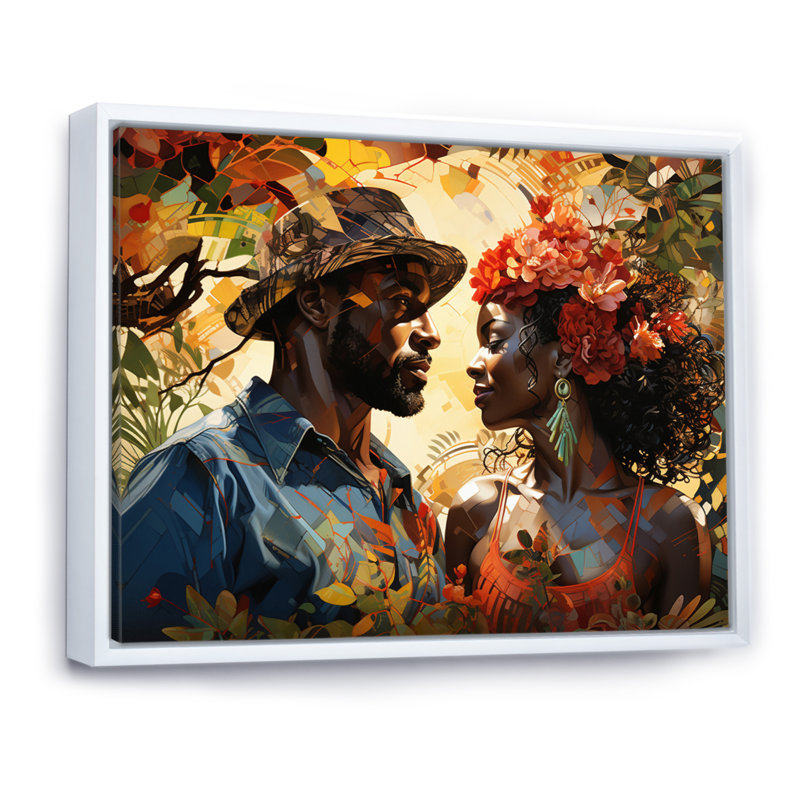 «African Couple Resilient I» - Art mural américain africain, H 34 po x l 44 po x P 1,5 po, Cadre flottant blanc