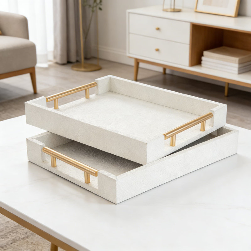 Ensemble de 2 repose-pieds en cuir tressé avec poignées dorées, plateau de service rectangulaire décoratif pour table basse et salon, cadeau de décoration réfléchi