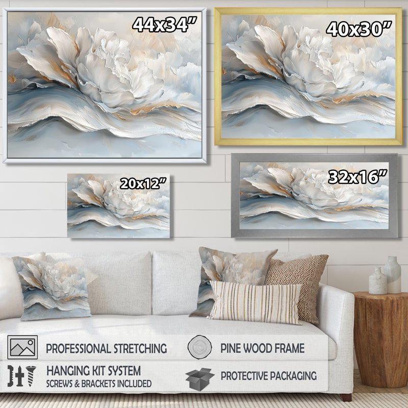 «Grey White Waves of Introspection III», art mural abstrait, H 30 po x l 40 po, Toile tendue, Ne s’applique pas