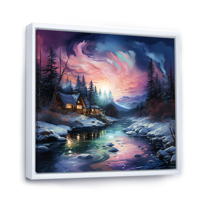 Aurore boréale, paysage d'hiver, H 24 po x l 24 po x P 1 po, Cadre flottant blanc