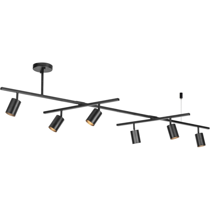 Éclairage sur rail 6 lumières, finition noir mat, barre pivotante centrale, têtes réglables, base GU10, intensité variable, éclairage industriel moderne