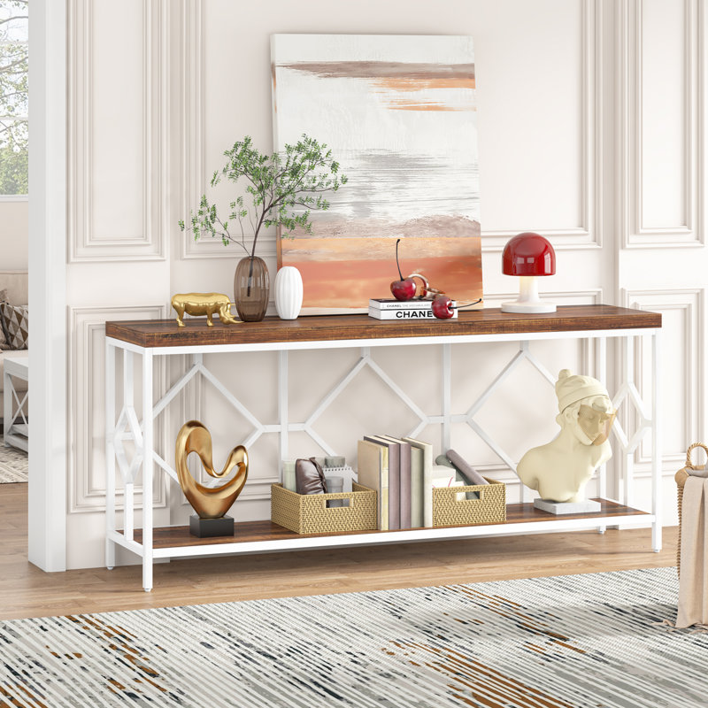 Très longue table d'appoint 70,86 po, console 2 niveaux, Brun / Blanc