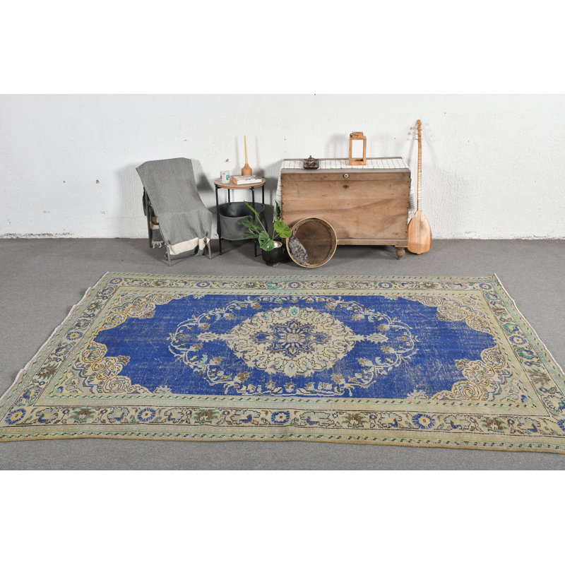 Tapis turc authentique en laine avec motif médaillon bohémien bleu pour le salon, bleu / vert