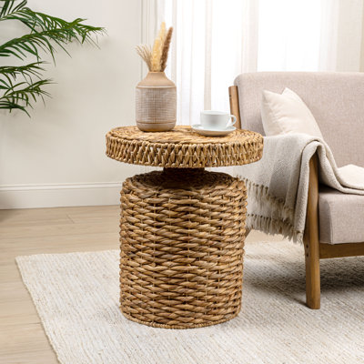 Marisol Bohemian 24" Natural Woven Water Hyacinth Round Accent Table, Wicker Rattan-Style Pedestal End Side Table for Living Room