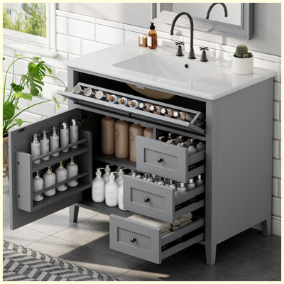 36" Gray Freestanding Bathroom Vanity with Sink, Modern MDF & Rubberwood Cabinet with 3 Drawers, Adjustable Shelf & Left Door