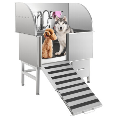 62 Inch Large 304 Stainless Steel Professional Dog Grooming Tub, Left Ramp, Faucet, Storage Drawer & 3-Tier Adjustable Floor Grate Pet Bathing Station