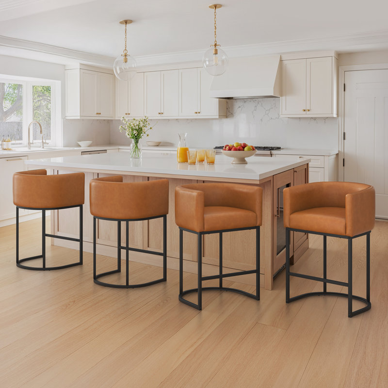 Modern Upholstered Counter Stool with Metal Frame, Yellowish Brown Faux Leather/Black
