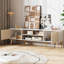 Meuble télé pour téléviseur de 70 po, centre de divertissement avec rangement, console média à 2 armoires, pieds en bois, salon, mobilier de chambre à coucher, blanc et chêne