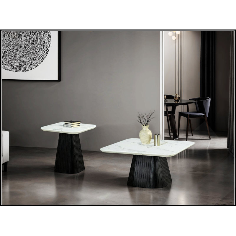 Table basse carrée de style contemporain avec plateau en faux marbre et base cylindrique, parfaite pour les salons modernes