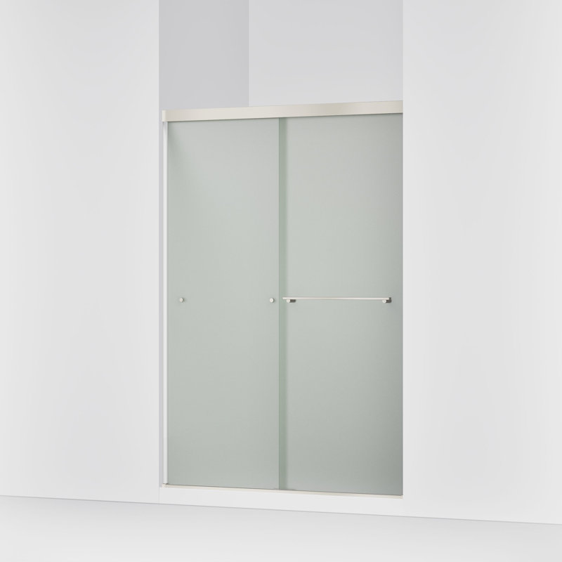 Revel Sliding Shower Door, 70-In H X 44-5/8 - 47-5/8-In W, With 1/4-In Thick Frosted Glass, Anodized Brushed Nickel, Frosted