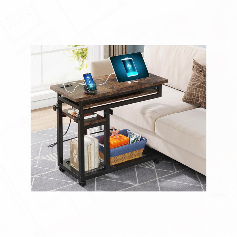 Bureau portatif réglable de 28 à 39,3 po de hauteur avec prise de courant et ports USB, table d'appoint roulante en forme de C