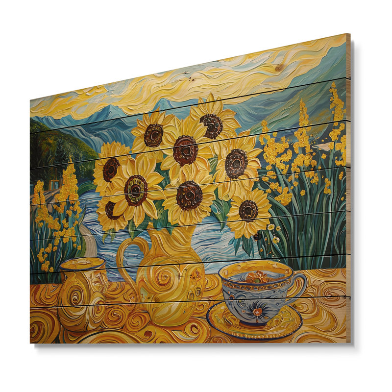 «Mexico Pottery Inspired By Vincent II», art mural en bois tournesols sur bois de pin naturel, H 34 po x l 44 po