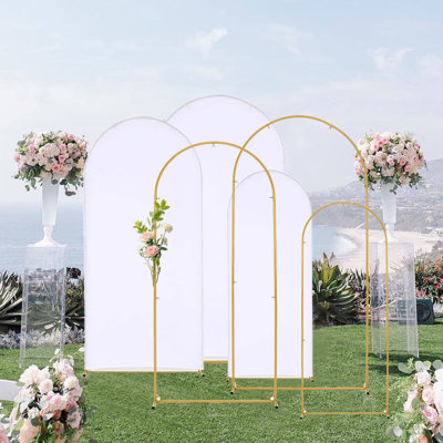 Metal Arch Stand And Cover Set 3,3pcs Gold Wedding Arch Backdrop Stand With 3 White Spandex Arch Backdrop Cover For Birthday, Party, Baby Shower, Ceremony Decor(4.9ft,5.9ft,6.6ft) 