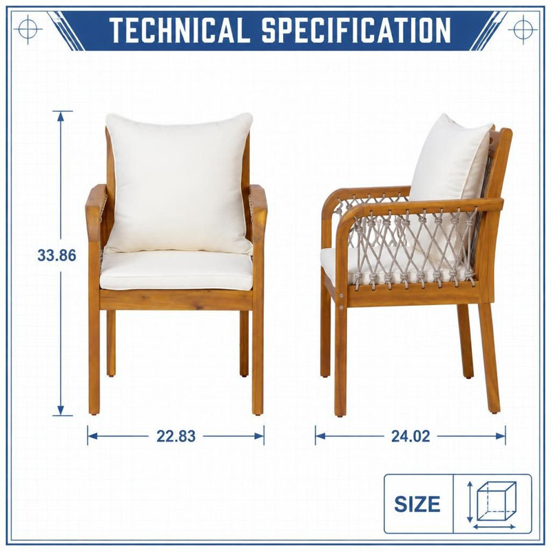 Ensemble de 2 chaises d'extérieur en bois d'acacia de patio avec accoudoirs en corde tissée et coussins résistants aux intempéries, structure robuste à capacité de poids élevée, sièges ergonomiques et confortables