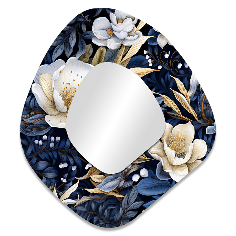 Deep indigo clair de lune fleurs I - Art abstrait botanique en métal - Miroir mural moderne et irrégulier, 35 po x 31 po