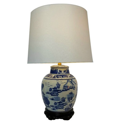 Lampe de table bleue et blanche en porcelaine de style oriental