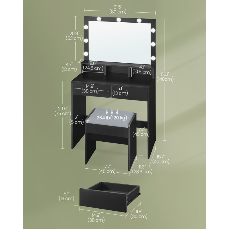 Coiffeuse de maquillage avec miroir et lumières, tabouret de coiffeuse rembourré, 9 lumières DEL à intensité variable