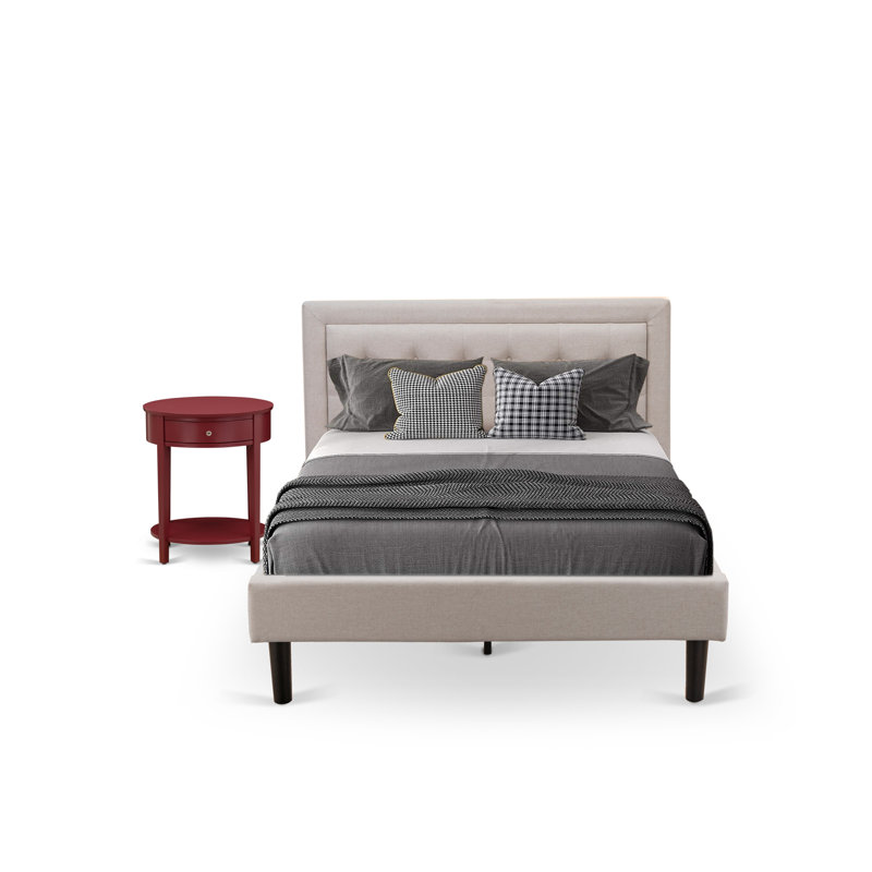 Ensemble de lit plateforme 2 pièces avec 1 lit plateforme et une table de chevet - Tissu de lin beige brume, Double