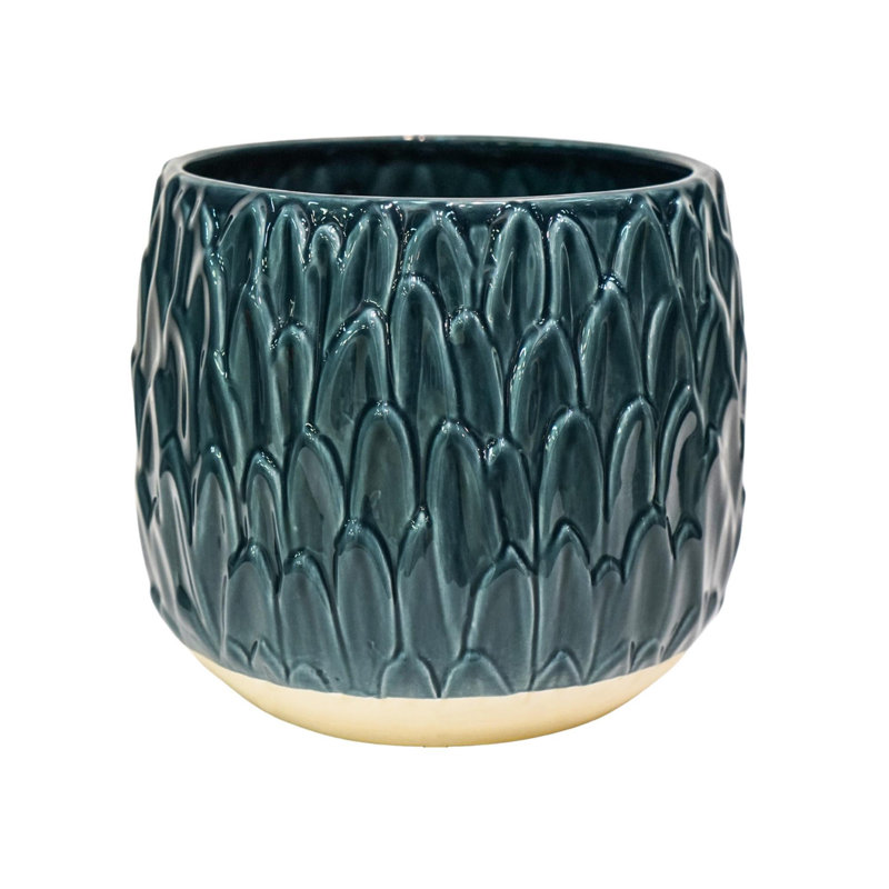 Arles Leaf Embossed Planter, 16.5cm H x 18cm W x 18cm D, Teal