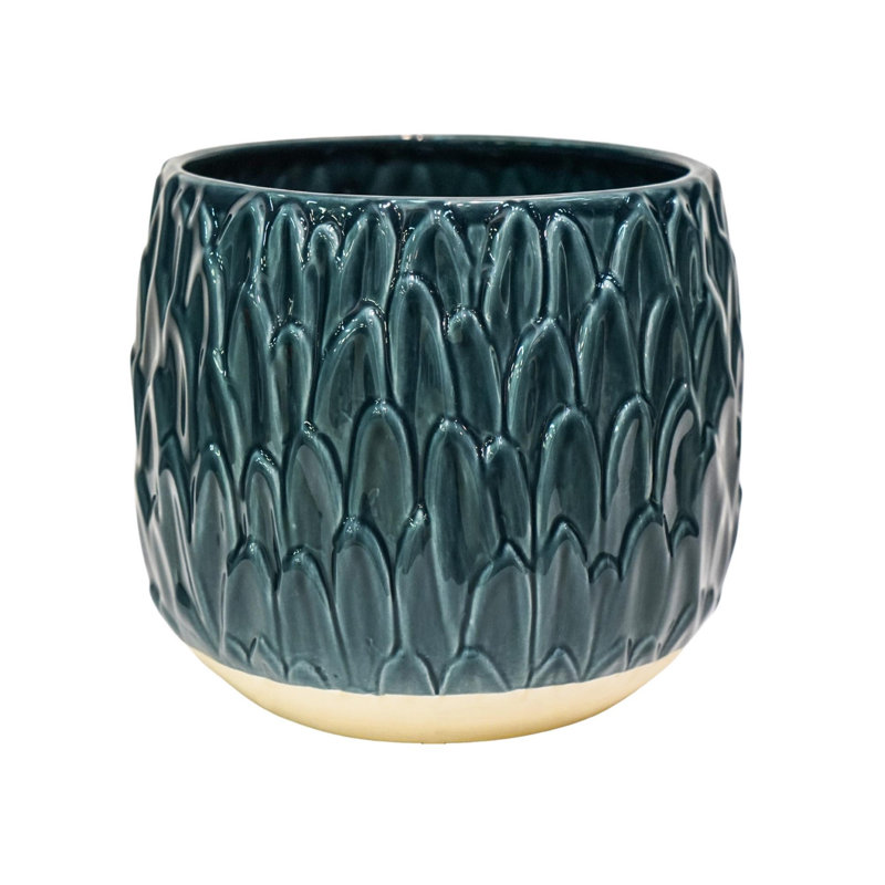 Arles Leaf Embossed Planter, 16.5cm H x 18cm W x 18cm D, Teal