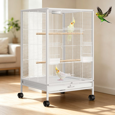 Zora 30.3 in. Wrought Iron Flat Top Flight Cage Bird Cage with Wheels with Stand with Perch with Tray