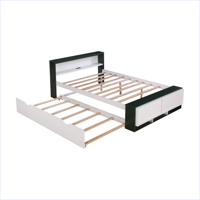Full Size Platform Bed With Trundle,Storage Headboard And Footboard,USB Charging Design, Green