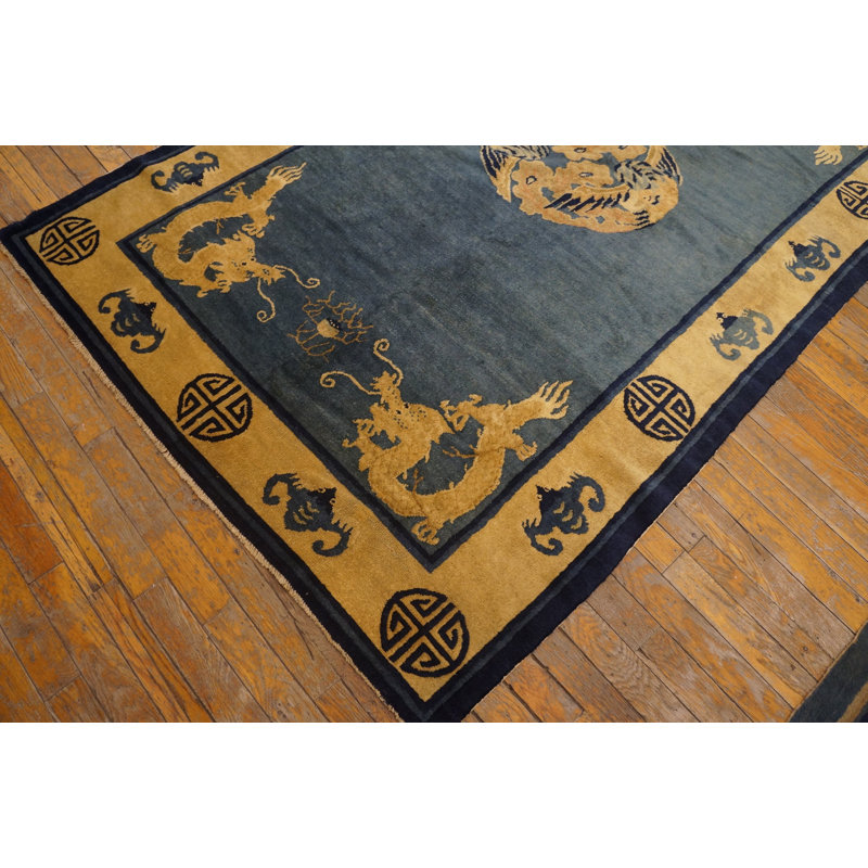 Chinese Antique - Peking 1890s Blue Rectangle Knotted Wool Small Scatter Size Rug