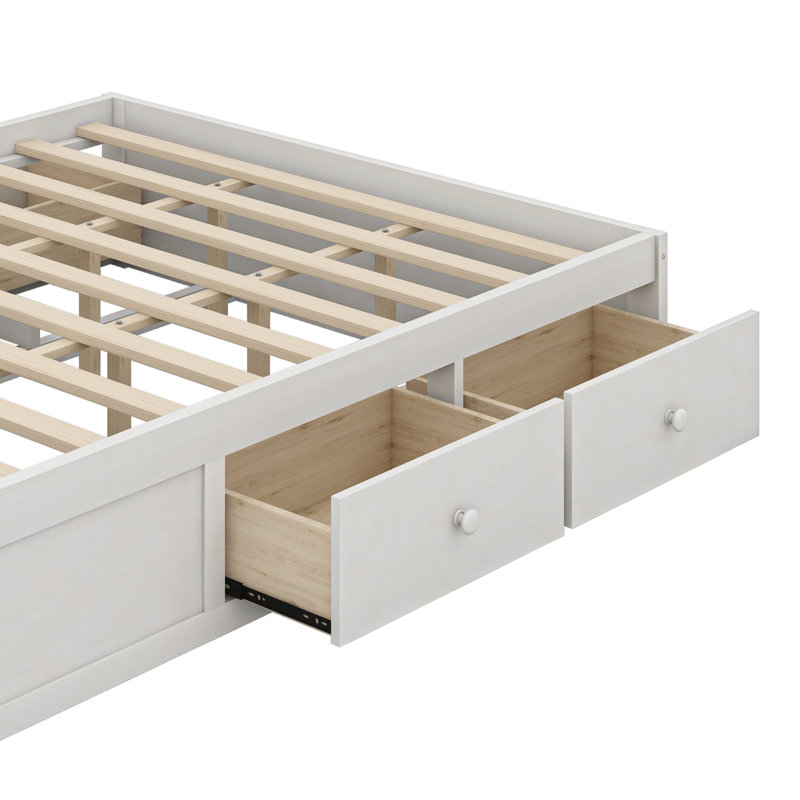 Structure de lit plateforme avec 4 tiroirs de rangement et casier de rangement au pied de lit, conception moderne peu encombrante