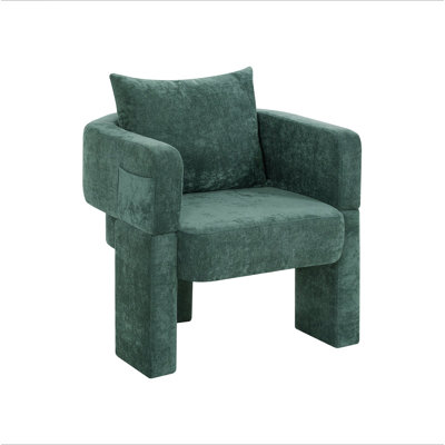 Modern 3-Leg Chenille Dining Chair With Ergonomic Arms & Removable Pillow, Comfy Accent Chair, Small Space Armchair For Living Room, Bedroom, Dining R by George Oliver