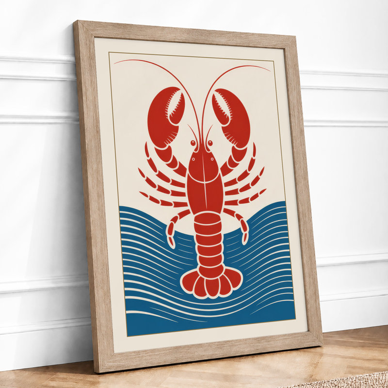 Lobster and Waves Retro - Framed Print, Oak, A3 - 42.0 x 29.7 cm