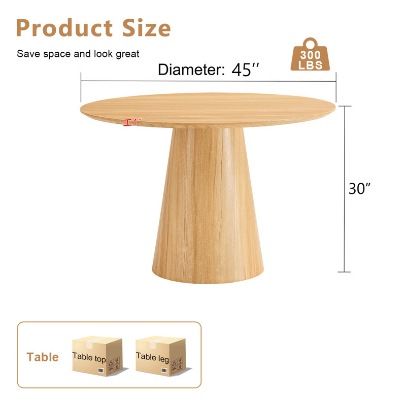 45" Round Dining Table for 4-6 People | Wooden Dining Room Table for Kitchen, Light Wood, 30"H x 45"L x 45"W