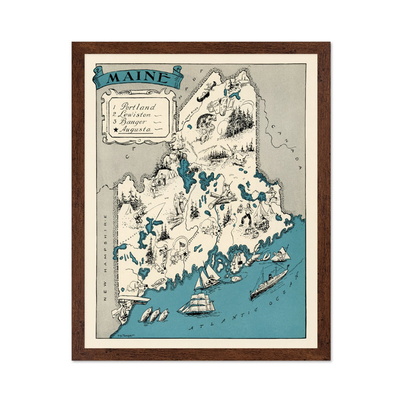 Carte illustrée du Maine, Affiche, H 11 po x l 14 po, Encadrement brun