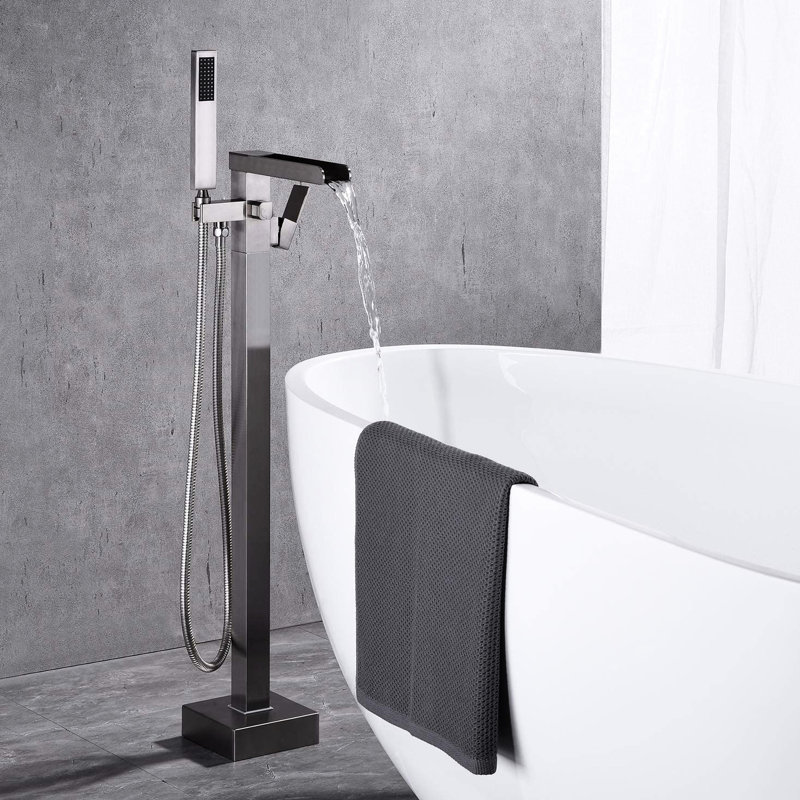 Brushed Nickel Bathroom Tub Filler With Waterfall Effect And Handheld Shower - Floor Mount, Mounted Hand Faucet