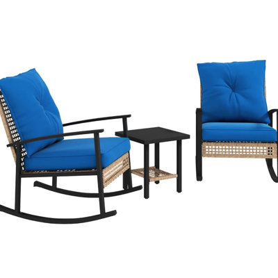 Fauteuil à bascule avec table basse - Mobilier d'extérieur, naturel, tissé à la main, ensemble de mobilier de patio confortable 3 pièces comprenant chaises et table, noir, sécuritaire, housses de coussin amovibles