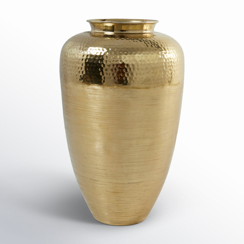 Aluminum Metal Brushed Decorative Gold Vase with Hammered Top, 19.8" H x 12" W x 11.95" D