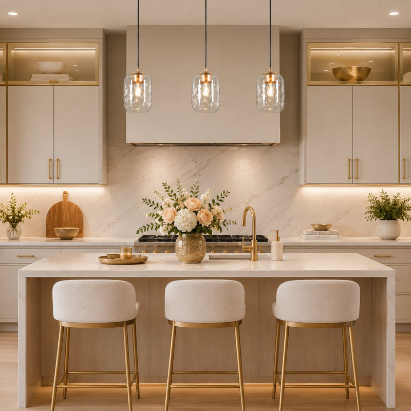  Luminaire suspendu pour îlot de cuisine 1 lumière avec verre martelé (1 ensemble)
