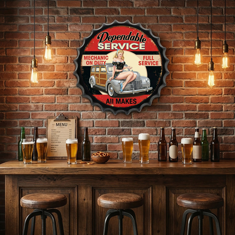 Retro Pinup Bottle Caps Metal Tin Signs Wall Art Plaque Vintage Home Decor 13.8x13.8 Inch