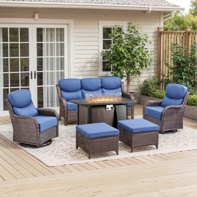 6-Piece Wicker Fire Pit Conversation Set with 6 In Thick Cushions Patio Swivel Chairs,All-Weather Wicker Deep Seating Outdoor Furniture Set for Backyard, Deck